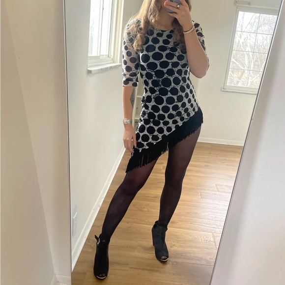 VINTAGE black and white POLKA DOT AND FRINGE ASYMMETRICAL DRESS - X-SMALL - Picture 2 of 8